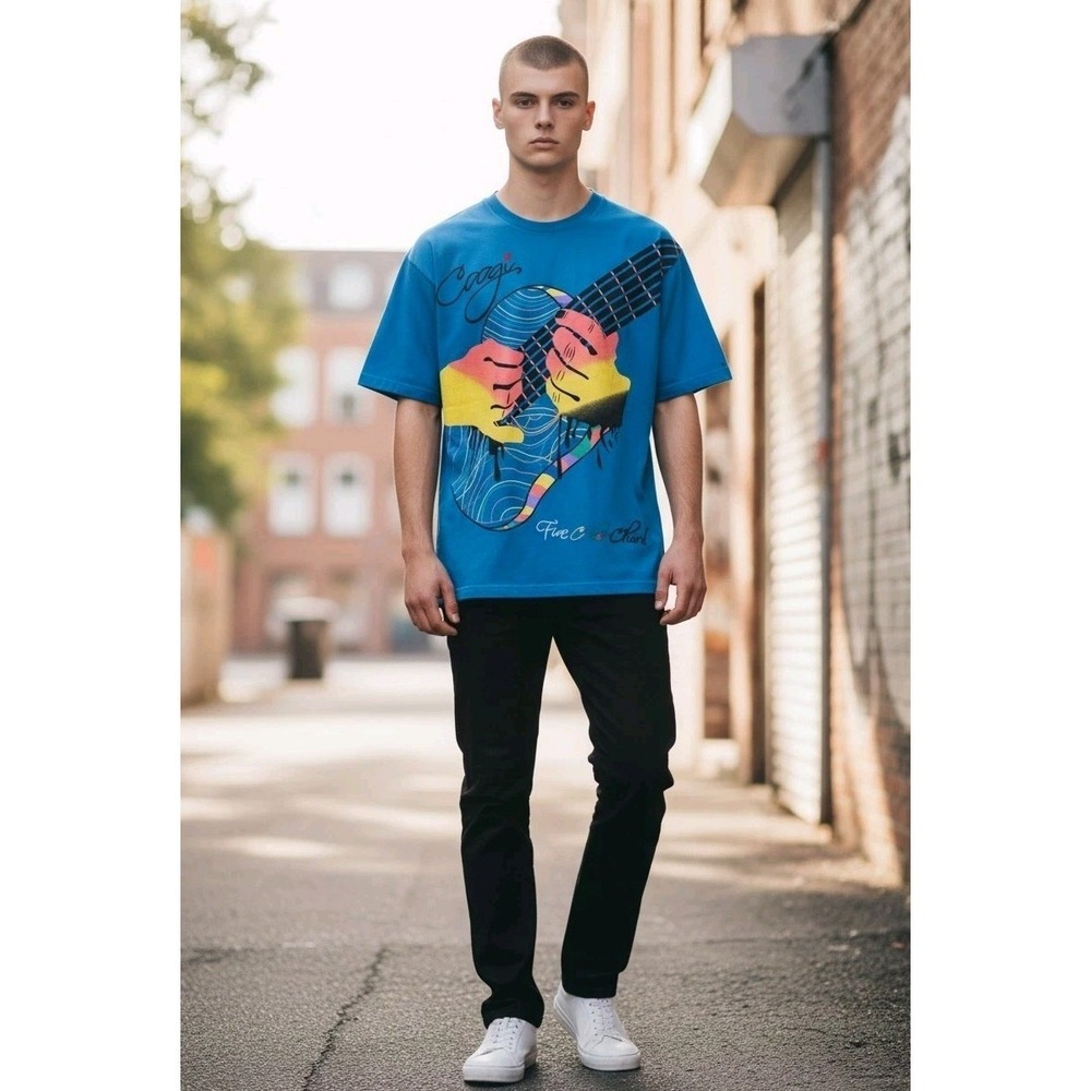 Vtg Coogi Five Color Chord Graphic T-Shirt Mens 2XL Blue Guitar Art Embroidered